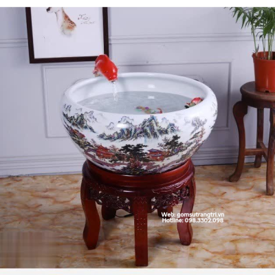 Chậu sứ có lưới lọc kèm đôn gỗ - đồ trang trí, phong thuỷ, tài lộc cho gia chủ